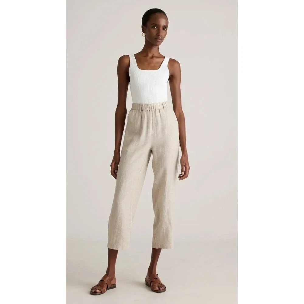 Quince 100% European Linen Pants Womens M Beige Pull-On Elastic Waist Straight
